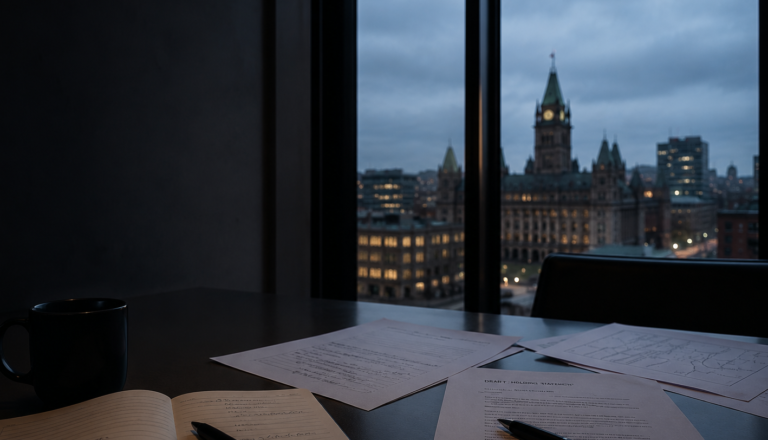 A desk with a notebook, printed documents and a coffee mug sits beside a large window overlooking a city skyline at dusk. The scene is dimly lit, suggesting preparation and reflection before a crisis event.