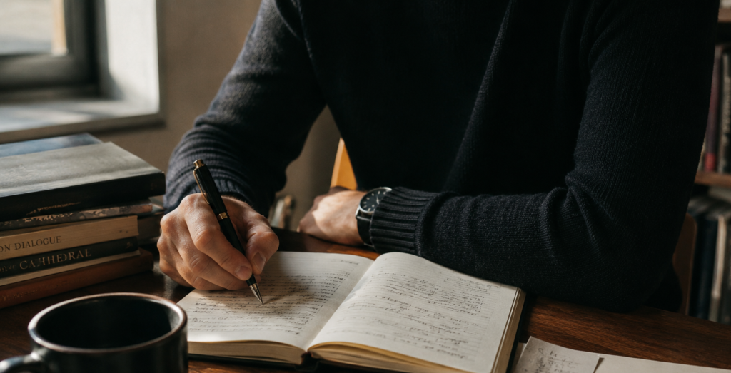 A close-up editorial-style photograph of a person in a black knit jumper writing in a well-used notebook with a fountain pen at a wooden desk. A black coffee mug, stacked books and scattered notes surround the workspace, while soft natural light from a nearby window creates a warm, reflective atmosphere.