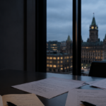 A desk with a notebook, printed documents and a coffee mug sits beside a large window overlooking a city skyline at dusk. The scene is dimly lit, suggesting preparation and reflection before a crisis event.